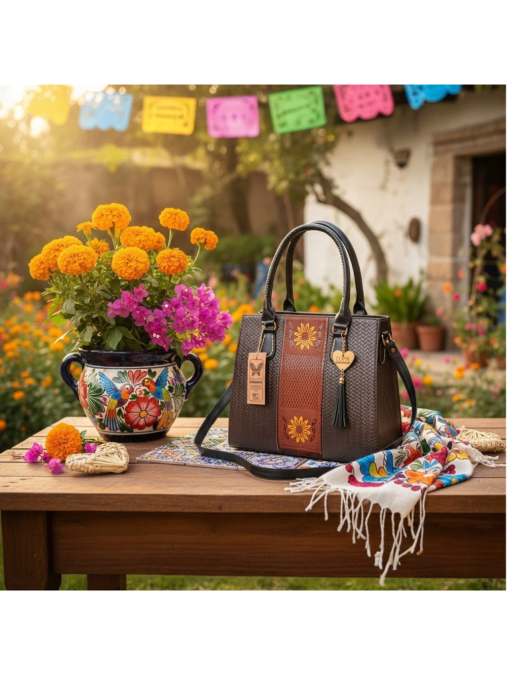 Brown Sunflowers Embossed Tooled Artisan Bag Purse Tote Handbag Bolsa Artesanal